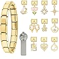 papasgix Italian Charm Bracelet Gold Silver Set with Starter Brascelet, Assorted Charms and Opening Tools, 9mm Modular Italian Charm Bracelet Links Handmade DIY Jewelry Gifts Pendant (Gold Pink)