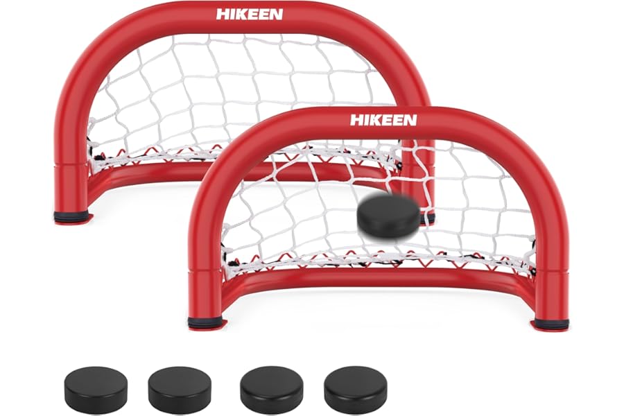 Hikeen 2 Mini Hockey Goal with Durable Iron Frame & Nylon Net and 4 Hockey Pucks Can Withstand Powerful Shooting,Easy Setup Training Equipment for Control,Accuracy Practice