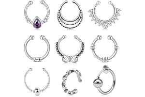 LAURITAMI 15pcs Aros de Piercing Nariz Falso Set Acero Quirúrgico 16G Anillos Septum Faux Clip on No Pierced Lip Cartílago Piercing Joyería