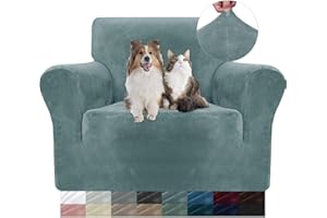 ‎YSTELLAA YSTELLAA Samt Stretch Sofabezug 1 Sitzer, Sofaschoner rutschfest Sofa Überzug, Sofa Cover Mit Armlehnen, Elastischer Couch Überzug, Sesselschoner Sofaschutz Katze Sesselbezug,Graublau