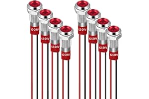 GUUZI 6 mm Luz Indicadora LED 12-24 V Luz de Señal Impermeable Panel de Metal Indicador LED Luz de Señal Montaje en Panel Cabeza Plana con Cables Carcasa Plateada (Rojo, 8 Piezas)