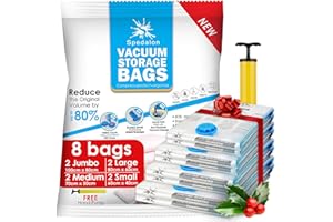 SPEDALON Vacuum Storage Bags - Pack of 8 (2 Jumbo + 2 Large + 2 Medium + 2 Small) ReUsable with free Hand Pump for travel packing | Best Sealer Bags for Clothes, Duvets, Bedding, Pillows, Blankets, Curtains
