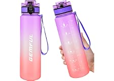 GEMFUL Water Bottle 1L with Time Marker Straw Tritan BPA Free for Fitness Gym and Outdoor Sports