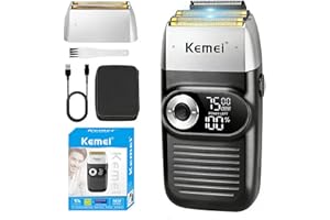 Maquina de Afeitar para Hombre KEMEI, Shaver Barberia Eléctrica con Recortadora, Afeitadora Inalámbrica con Lámina de Titanio y Maleta, KM-2026
