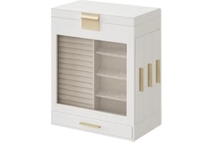SONGMICS Boîte à Bijoux, Écrin à Accessoires 5 Niveaux, Fenêtre en Verre, Tiroirs Latéraux, Rangement Vertical, Grand Miroir, Bijoux, Moderne, Blanc Nuage et Doré JBC162W01