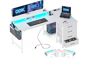 ODK Scrivania Gaming Angolare, 140x80x84.7cm Scrivania Angolare Reversibile con 4 Cassetti, Tavolo a Forma di L con LED e 2 Porte di Ricarica USB e 2 Prese di Corrente per Casa Ufficio, Bianco