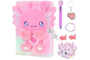 homicozy Tagebuch mit Schloss Mädchen, 26 Stück Geheimes Plüsch Axolotl Notizbuch, 160 Liniertes Seiten A5 Privates Tagebuch, Journal Kinder mit Stift, Aufkleber, Geschenke Mädchen 5 6 7 8 Ans