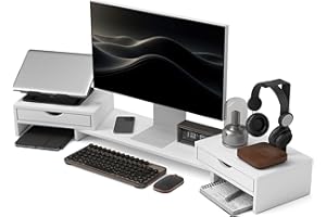 HOMCOM Rehausseur écran PC bureau support d'écran d'ordinateur de 60-116 cm support moniteur avec 2 tiroirs, longueur et angle réglables, pour ordinateur portable, PC, blanc