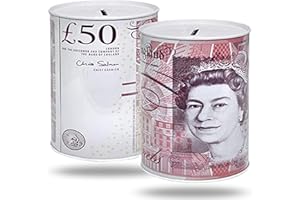 BSTOCKES 50 Pound Notes Design Money Tin Cash Box, Money Saving Money Box for Kids, Printed Bank Note Multicolour Cash Box for Birthday, Holiday & Christmas Fund, Cash Tin Piggy Bank Charity UK (Large 17x22cm)