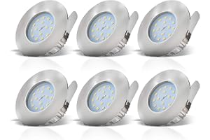 ‎B.K.LICHT B.K.Licht - 6er Set LED Bad Einbaustrahler 230V 4,8W ultraflach IP44, 60mm Lochmass, warmweiße Lichtfarbe, Deckenspots, Spots, Einbauleuchten, Einbauspots, Badezimmer, 75x30 mm, Matt-Nickel