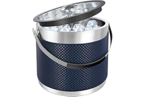 FIVEHOME 3.2L Eiswürfelbehälter mit Deckel und Schaufel, Upgrade Lederdesign Edelstahl Eiskübel, Doppelwandiger Isolierter Eisbehälter für Cocktailbar und Party (Dunkel Blau)