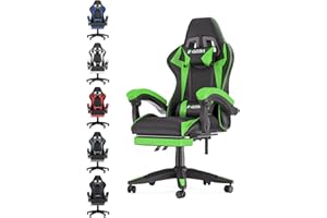 bigzzia - Sedia da gaming, ergonomica, per gamer, con cuscino lombare e poggiatesta, regolabile in altezza, sedia per computer, per ufficio, per adulti, ragazze e ragazzi (Con poggiapiedi, Verde)