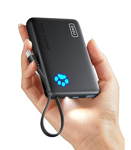 Power Bank 10000mAh, Powerbank 3A Ricarica Rapida USB C Ingressi e Uscite, Potente e Sottile Caricatore Portatile con Cavi Integrati, Caricabatterie Portatile per iPhone Samsung Cellulare Tablet ecc