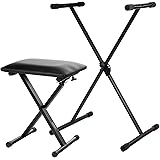Classic Cantabile Keyboardständer und Keyboardbank Set - 5-Fach Verstellbares einstrebiges Keyboardstativ - Bequeme Sitzbank 