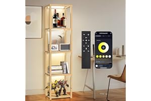 OUTON 170 cm Vitrine en Verre avec Éclairage, Lampadaire LED à Intensité Réglable avec Télécommande et Application, Étagère Ouverte pour Objets de Collection, Salon, Chambre, Bois