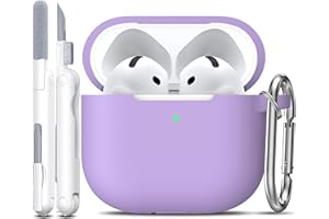 R-fun Custodia compatibile con Airpods 4th con kit di pulizia, custodia morbida in silicone con portachiavi, copertura protettiva completa compatibile con gli ultimi Airpods 4th di Apple,Viola banana
