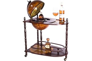 ‎BIRENDY Birendy Riesiger Barwagen 33035 mit massiven Eukalyptusholz Säulen und einem Serviertisch, 100 cm hoch (geöffnet) und 77 cm breit, antike Globusbar, Bartisch, Hausbar, Barwagen, Cocktailbar, Dekobar