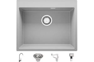Fregadero Cocina 59 x 50 cm, Fregadero Granito Un Seno + Grifo + Sifón Clásico, Fregadero Empotrado Oslo 60 XL de Primagran, Gris