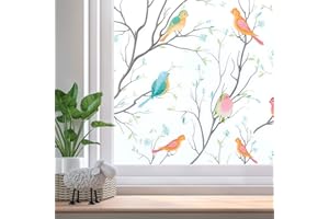Beautysaid Privacy Window Film: Stained Glass Window Film, No-Glue Frosted Window Film, Static Cling Film, Birds Window Sticker for Home Bathroom (Stained, 44.5x200cm)