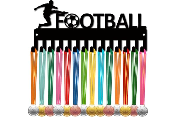 CREATCABIN Football Medal Hanger Display Medal Holder Rack Sports Metal Hanging Awards Iron Small Mount Decor with 14 Hooks for Wall Home Badge Race Soccer Gymnastics Swimming Black 11.4 x 5.1 Pouces