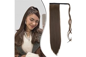 Dcbaboo Postiche Queue de Cheval Extension Ponytail Cheveux Naturel Extension Cheveux Naturel Clip Lisse 60cm Postiche Cheveux Naturel Queue de Cheval Wrap Around Raides Synthétique, Marron Chatain