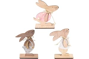 GLAITC Easter Wooden Rabbits,3 Pieces Bunny Tabletop Ornaments Rabbit Desktop Wooden Bunny with Bow Tie DIY Wood Crafts Toys Decoration Ornaments for Easter Gift Decor Party Supplies