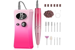 Urbuti Fresa per Unghie Professionale,35000 RPM Portatile e Ricaricabile con 12 Testine Iucidanti e 56 Nastri Abrasivi e Schermo LCD,per Manicure e Pedicure （Rosa sfumato）
