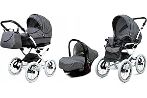 BabyLux® Bambimo Kinderwagen Set 3 in 1 - Margaret White - incl. Babywanne, Buggy Sportsitz, Auto-Babyschale - Autositz - Kinderwagenset - Kombikinderwagen mit Wickeltasche, Regenschutz usw.