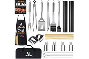 MUJUZE Grillbesteck Set,Grillzubehör Männer Geschenk,Grillset für Männer Papa Geschenk,Grill Zubehör Set aus Edelstahl im Koffer,BBQ Gasgrill zubehör für Garten und Camping(BBQ Set mit Grillschürze)