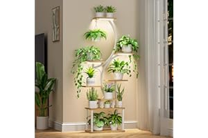 BACEKOLL Pflanzenständer mit Wachstumslicht - 8 Ebenen Blumenständer 157cm Metall Holz Pflanzenregal - Innen & Außen Blumentreppe - Dekoratives Schwarz Blumenregal für Indoor Garten Balkon Weiß