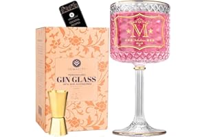 Vemacity Bicchieri Gin Tonic Personalizzati - Bicchiere Gin Tonic con Iniziale (M), 3 Bordi Dorati, Spoon e Jigger Oro | Set Regalo con Confezione Elegante | Ideale per Natale e Capodanno