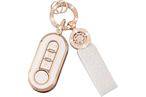 Koaudb Pokrowiec na kluczyk samochodowy, kompatybilny z Fiat 500 Brava, Ducato Fiorino, Panda, Scudo Qubo Grande Punto, 3 przyciski, z brelokiem, smycz, miękki brelok z TPU, pełna ochrona, etui białe