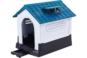 Lanco - Kennel for Small Dogs with Adjustable Sunroof and Toilet (WC). Indoor and Outdoor Use with Vents. Resistant Material. 27x22x26 inches (L*W*H). Blue and White.