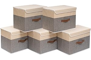 OUTBROS Boîte de Rangement, 38 x 25 x 25 cm Paniers de Rangement Pliables avec Couvercles et Poignées, Boîte Range pour Vêtement, Magazine pour, Chambre à Coucher (5 pièces, Gris/Beige)