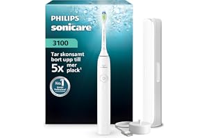 Sonicare 3100 Series – elektrisk tandborste med Pressure Sensor, 3 intensitetsnivåer, EasyStart, SmarTimer och QuadPacer, 14 dagars batteritid, resefodral, vit, modell HX4033/21, [Ny]