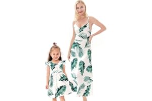 Yanmucy Maman et moi Robe assortie d'été Mère et Fille Feuilles vertes Imprimer Jupes Sans Manches Famille Assortie Tenue de Plage