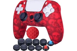 9CDeer 1 Piece of Silicone Transfer Print Protective Cover Skin + 10 Thumb Grips for Playstation 5 / PS5 Controller Skull Red