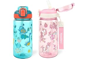 wooshwa Botella para Beber Campus Pop-up, 600ml Deportiva Botella Agua Niños con Pajita, Sin BPA y Apta para Lavavajillas (Dinosuar Verde y Unicornio Rosa Niña)