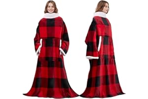 SEINAL Coperta con maniche Blanket Hoodie, coperta con maniche, soffice, in micropile leggero, coperta avvolgente con tasca per adulti e anziani, Colore: rosso, Large
