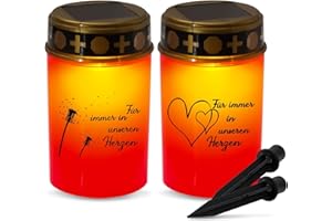 Hegawleo 2 Stück Grablaterne Solar, Led Grablicht Mit Dämmerungssensor Und Erdspieß, IP44 Grablicht Solar Wetterfest, Led solar grablichter für draußen, Grableuchte Für Den Außenbereich (Rot -A)