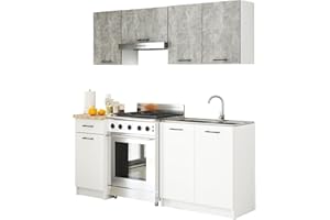 AKORD | Set di Mobili da Cucina Olivia 1.8m | Cucina Completa Piccola | Componibile | su Misura 46 x 180 x 174 cm | Per un design moderno e Tradizionale | Cemento & Bianco Frontale