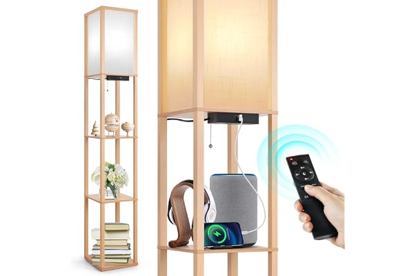 OUTON Lampadaire avec Étagères, Moderne Dimmable Lampadaires LED avec Télécommande, 1 Ports de Charge USB et 1 Type C, 4 Températures de Couleur, Minuterie, Lampadaire sur Pied Salon,Chambre et Bureau