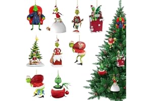 Dhqkqg 9 Stück Grin-ch Weihnachtsschmuck, Weihnachtsbaumschmuck, 2D Elf Christmas Decorations, Grin-ch deko weihnachtenanhänger, 2024 Lustige Christbaumschmuck für Zuhause Festliche Partys