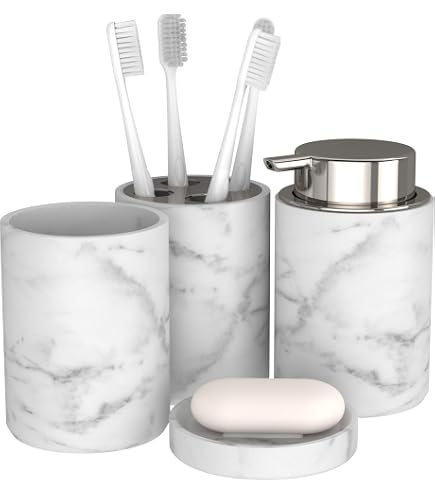 Set Accessoires Salle De Bain Marbre Blanc Navaris - Porte-brosse à Dents, Distributeur Savon, Porte-savon En Polyrésine - Déco Et Organisation