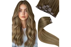 ‎LAAVOO LaaVoo Extensions Echthaar Clip in Braun Echthaar Extensions Clip Mittelbraun Balayage Hellbraun Ombre Dunkelblond Remy Menschenhaar Doppelt Tressen 30cm 5pcs 70g #6/8/14