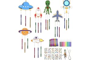 SUVEK 14 Stück Weltraum Kindergeburtstag Holz zum Bemalen, DIY Klangspiel Bastelset Geburtstagsdeko, Handwerk Windspiel Basteln mit 12 Aquarellstift für Kinder Mädchen Jungen ab 6 7 8 9, Outdoor Dekorieren