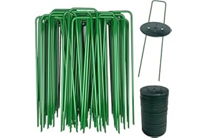 AGAKY Erdanker Bodenanker, 40 Grüne Erdanker & 40 Pufferscheibe, Anti-Rost Erdnägel aus Stahl, Garten Bodenanker für Kunstrasen, Heringe für Zelt, Unkrautvlies, Gartenvlies, Zaun, 150x25 mm, Ø 2,8 mm