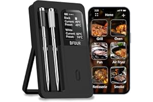 BFOUR Wireless Meat Thermometer with 2 Upgraded Probes, 100m Bluetooth Grill Thermometer Wireless with LCD Display, for Grill Oven Smoker
