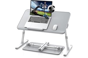 SAIJI Stolik do laptopa do łóżka, regulowana wysokość, kąt nachylenia, ze składanymi nogami, nóżki do sanek, blat ze skóry PCW, kompatybilny z laptopami do 17 cali (szary, 52 x