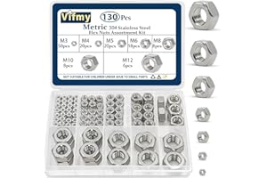 Vifmy 130 Pcs Metric Hex Nuts Assortment Kit,M3 M4 M5 M6 M8 M10 M12 Assorted Hardware Nuts Sets,304 Stainless Steel Standard Nut for Bolt